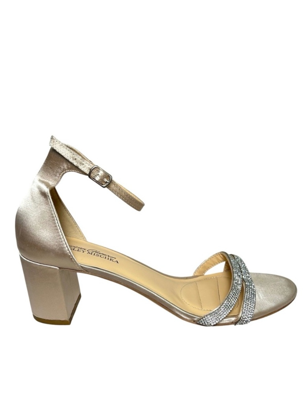 Badgley Mischka Women's Size 10 Champagne Satin Ankle Strap Heels Rhinestone